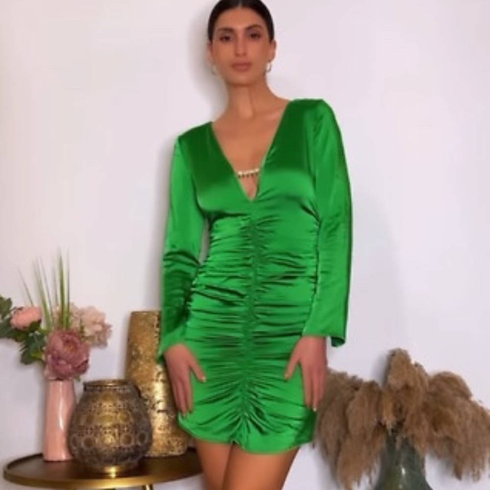 NWT ZARA SATIN JEWEL TRIM DRAPED DRESS GREEN XS